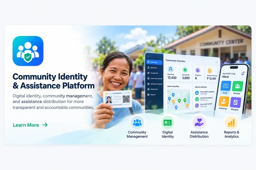 Community identity and assistance platform showing a resident with a digital ID, a community management dashboard, mobile assistance services, and reports and analytics.