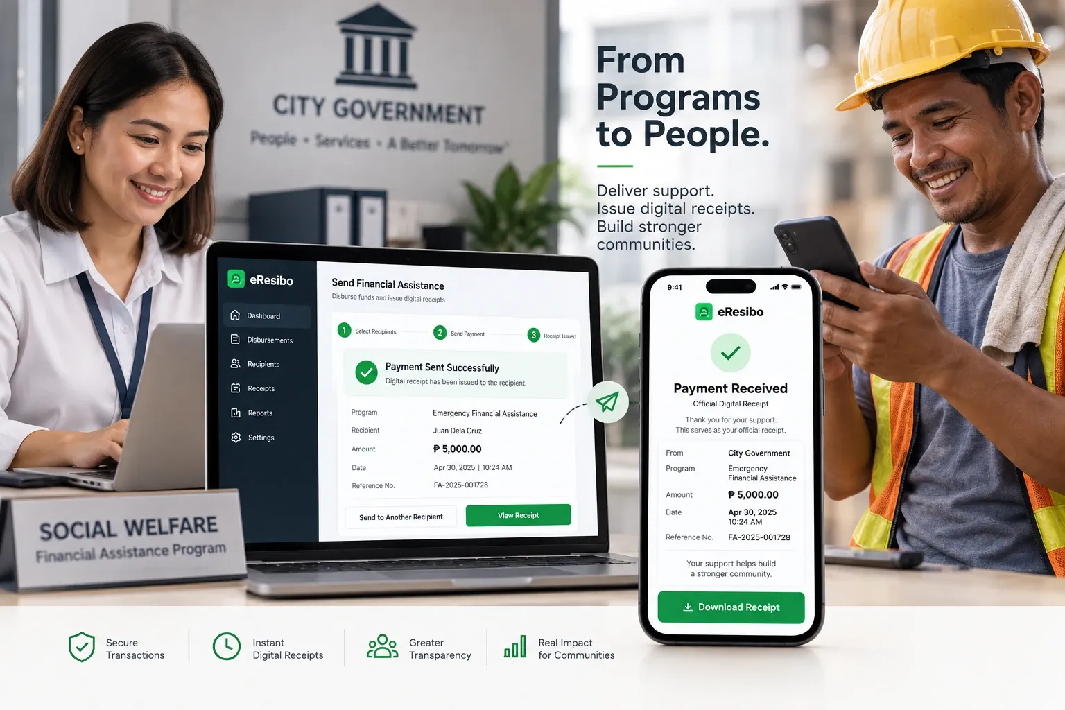 eResibo digital receipt platform showing a government financial assistance payment and the recipient’s digital payment receipt.