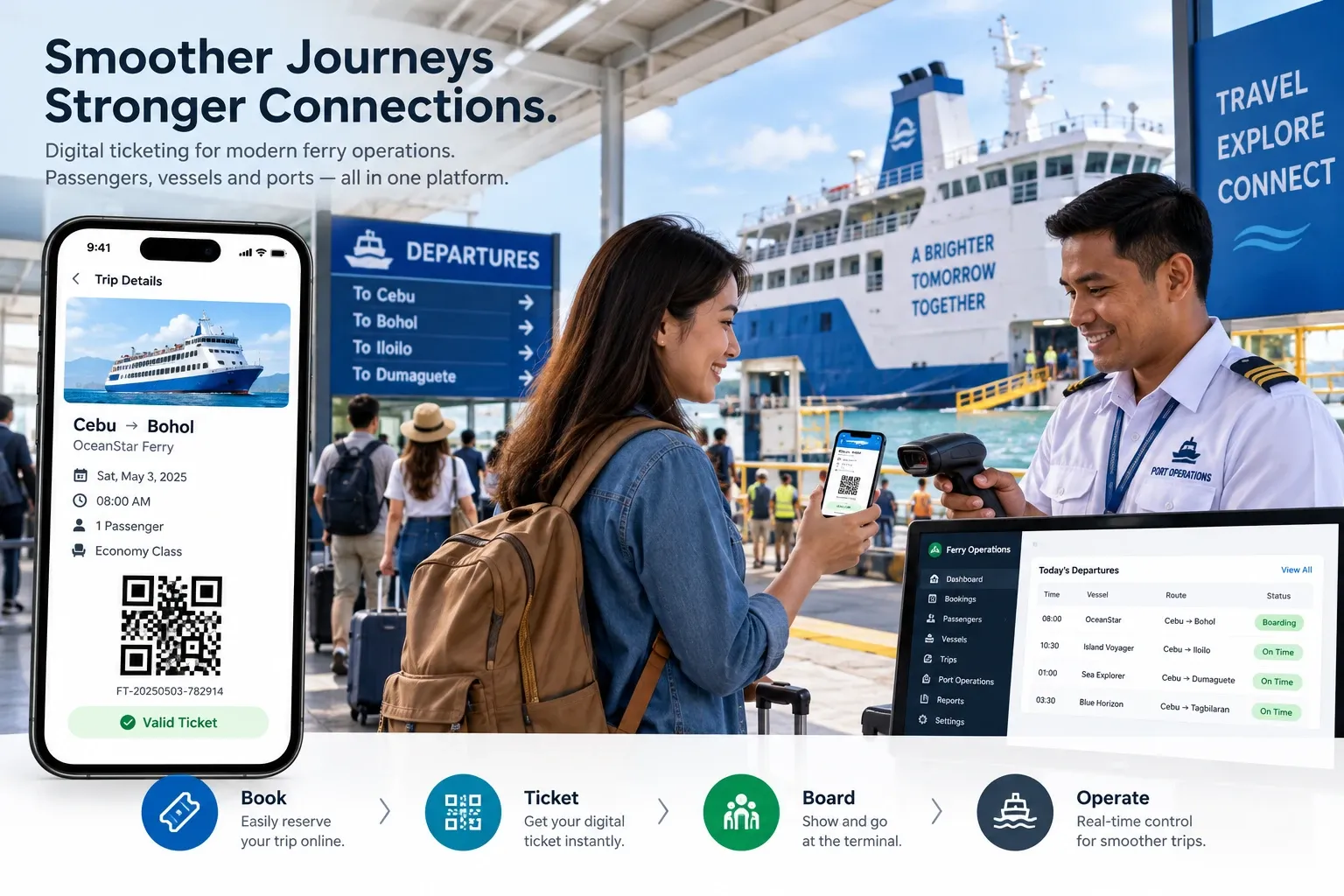 Ferry ticketing platform showing a passenger digital ticket, QR boarding validation, ferry terminal, and ferry operations dashboard.