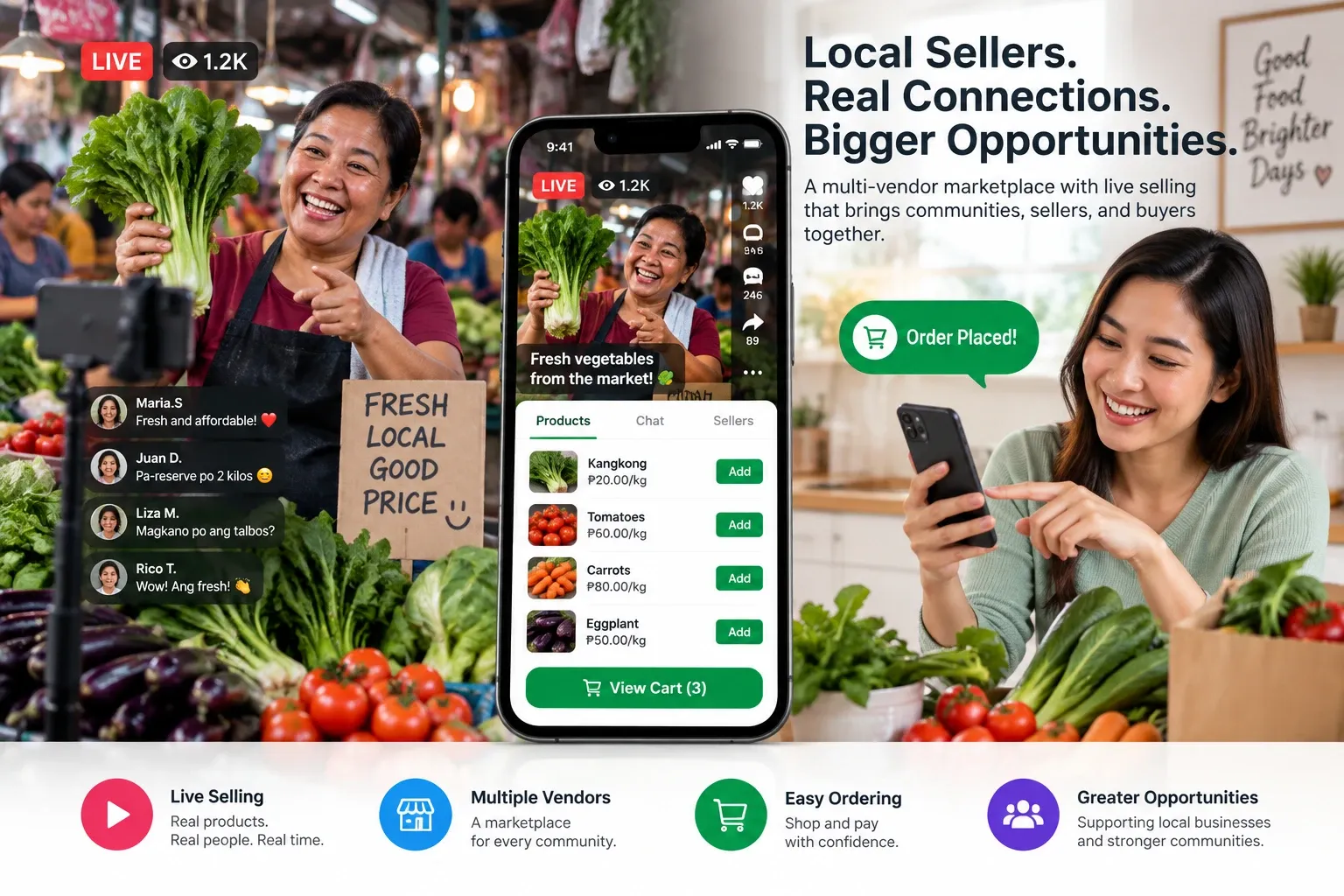 Multi-vendor marketplace and live selling platform connecting a local market seller with a customer shopping from home.