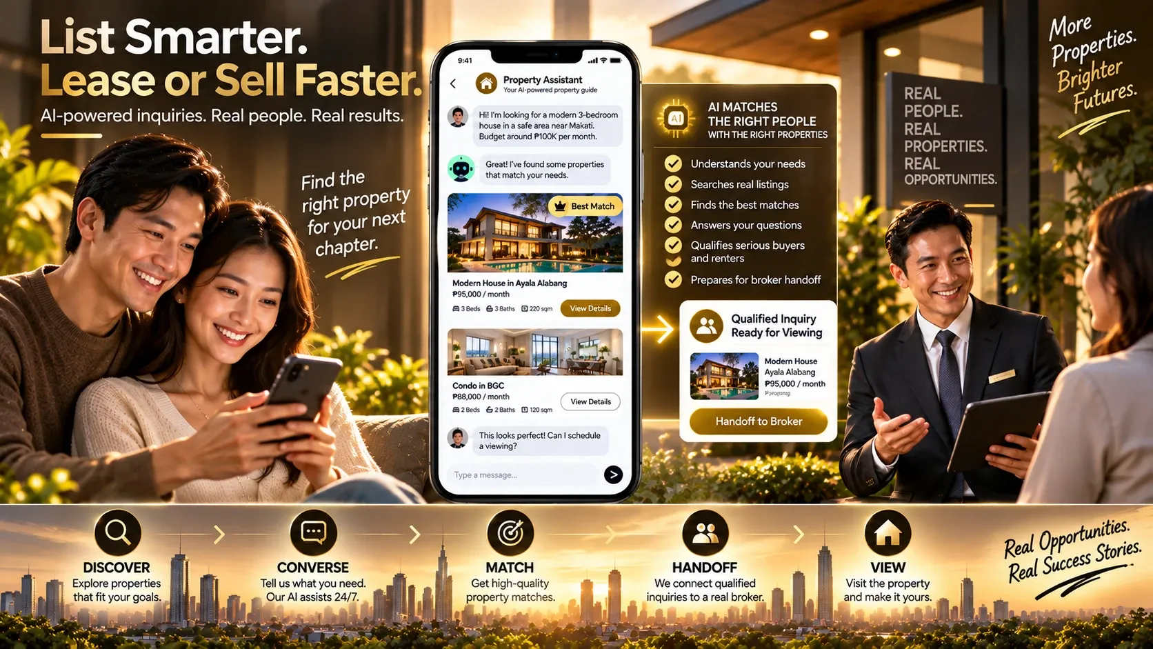 AI-assisted property listing platform connecting prospective buyers and renters with matching properties before qualified inquiries are handed off to a real broker for viewing.