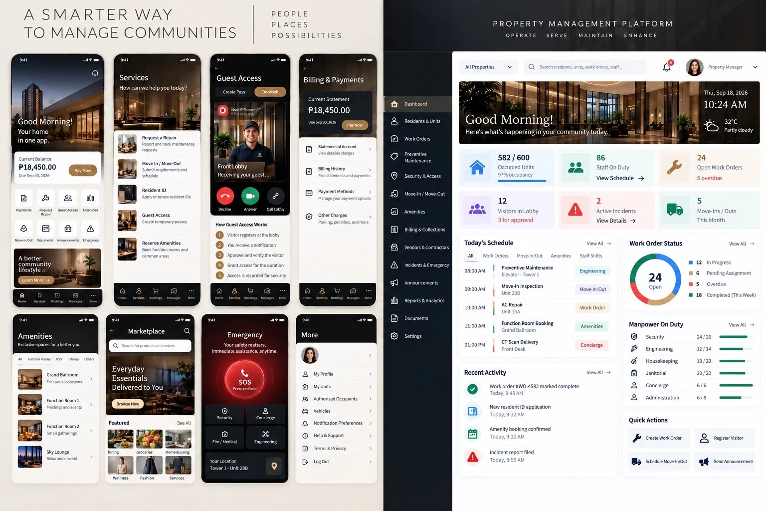 Monsterbot property management platform showing resident mobile applications and the property management operations dashboard.